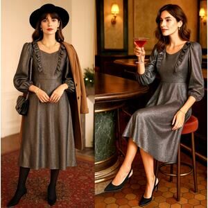 Vintage 70s Metallic Cottagecore Prairie Dress 8 Long Sleeve Holiday Party GLAM